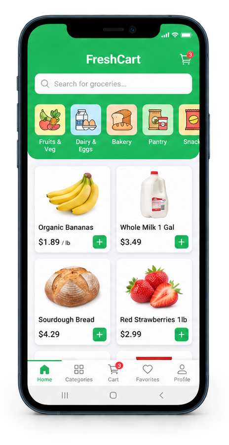 Illustrative FreshCart grocery shopping app on a phone